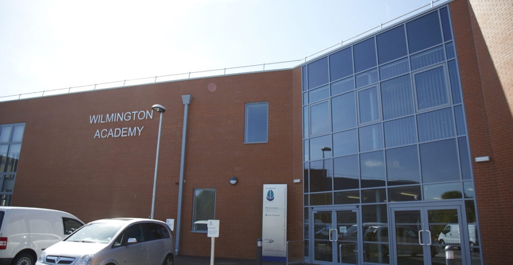 Exterior photo of the main entrance of the Wilmington Academy building.